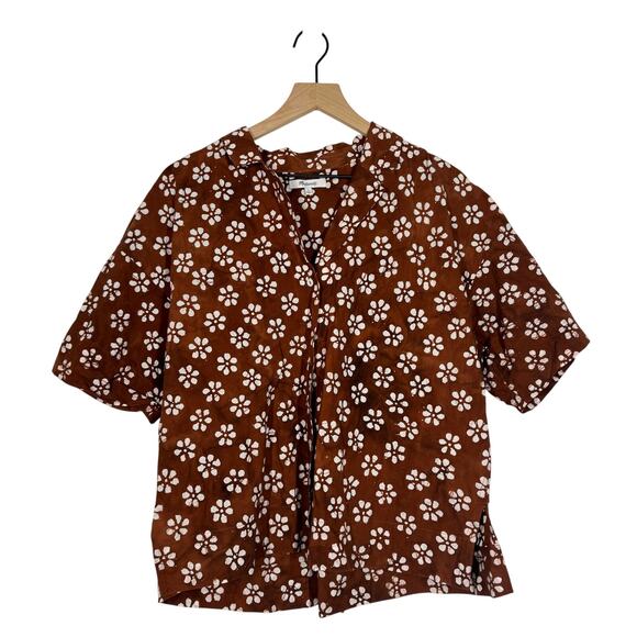 Madewell Floral Block Print Camp Shirt Size Large Brown Button Up Short Sleeve - Picture 2 of 6
